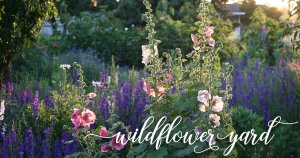 Spring Flower Garden - Hollyhocks and Larkspur